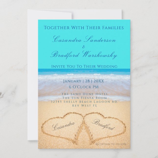 Teal Beach Wedding 2 Hearts Sand wedding Invitation (Front)
