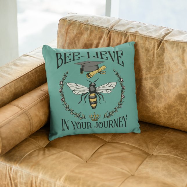 Teal Bee-lieve in Your Journey Graduation Keepsake Cushion (Trendy Teal "Bee-lieve in Your Journey" Hand-drawn Graduation Art with Custom Photo & Text on back.)
