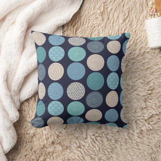 Teal Beige Abstract Circle Pattern Throw Pillow (Blanket)
