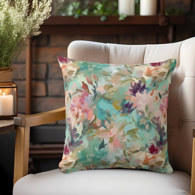 Teal Beige Abstract Painting Floral Pattern Cushion (Creator Uploaded)