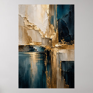 Teal Beige and Gold Geometric Abstract Wall Art