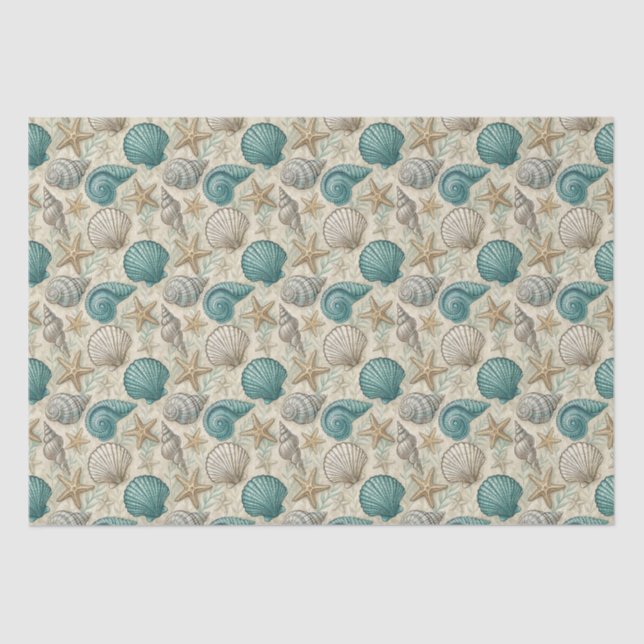 Teal & Beige Beach Shells Pattern Decoupage Tissue Paper (Front)