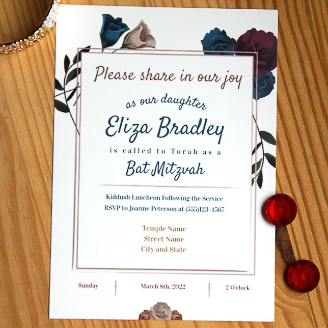 Teal, Beige, Burgundy Bat Mitzvah Invitations (Teal, beige, burgundy roses traditional floral design bat mitzvah invitation)