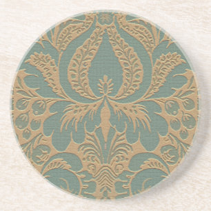 Teal Beige Damask Coaster