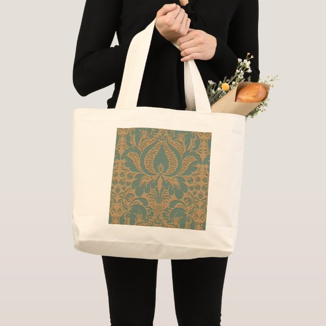 Teal Beige Damask Large Tote Bag (Front (Product))