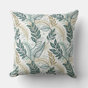 Teal & Beige Elegant Leaf Botanical Floral Pattern Cushion