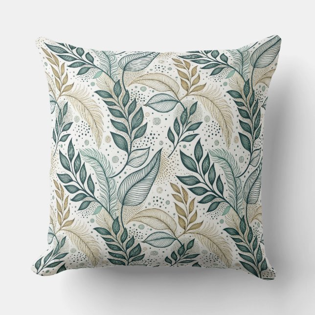 Teal & Beige Elegant Leaf Botanical Floral Pattern Cushion (Front)