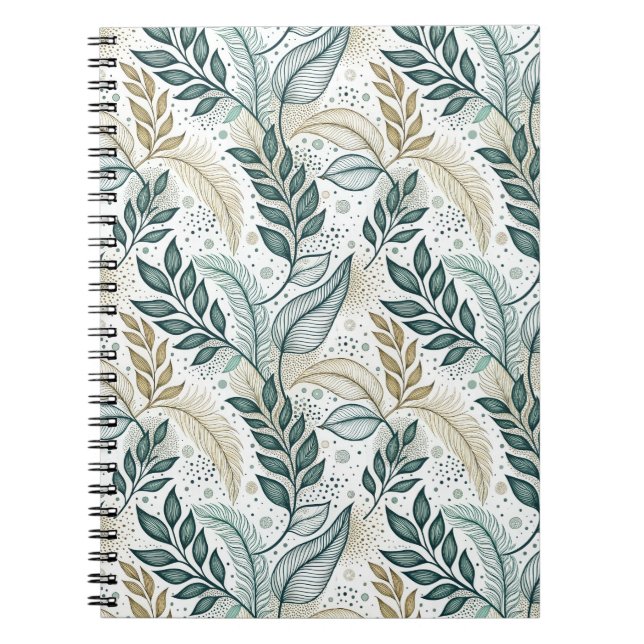 Teal & Beige Elegant Leaf Botanical Floral Pattern Notebook (Front)