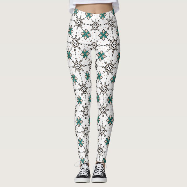 Teal Beige Floral Geometric Pattern Leggings (Front)