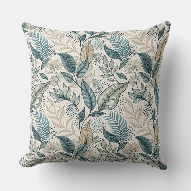 Teal & Beige Minimal Leaf Botanical Floral Pattern Cushion (Front)