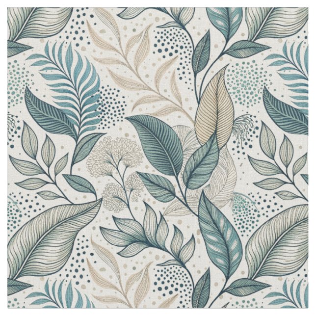 Teal & Beige Minimal Leaf Botanical Floral Pattern Fabric (Close Up)
