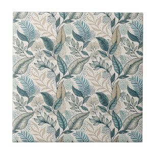 Teal & Beige Minimal Leaf Botanical Floral Pattern Tile