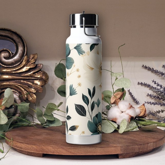 Teal Beige Soft Pretty Floral Water Bottle (Creator Uploaded)