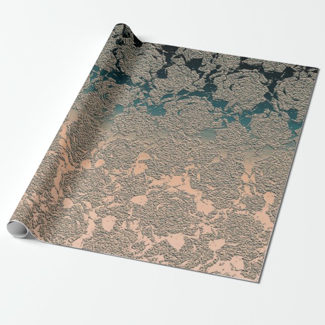 Teal Beige Succulent Floral Metallic Pattern Wrapping Paper (Unrolled)