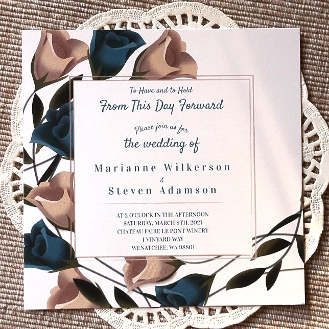 Teal, Beige Vintage Roses Wedding Invitation (Teal and Beige Botanical Rose Garden Wedding Invitations, Rose Border)