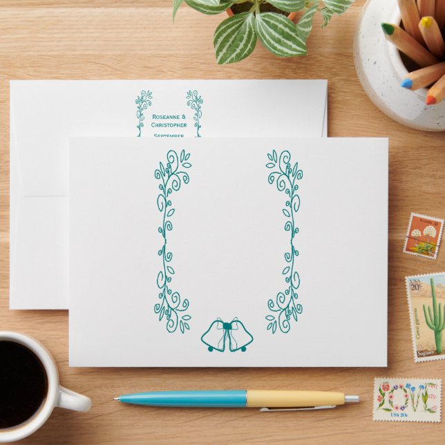 Teal Bells Scrollwork Design Wedding Envelope (Desk)