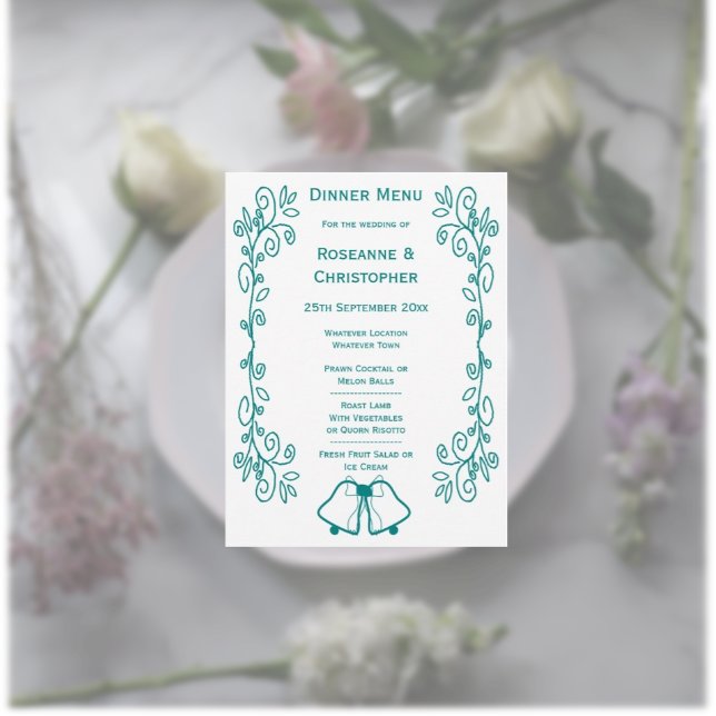 Teal Bells Scrollwork Design Wedding Menu (Teal wedding menu card nells and scrollwork design)