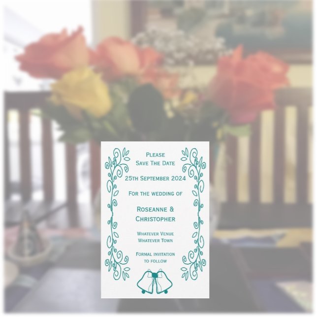 Teal Bells Scrollwork Design Wedding Save The Date (Teal wedding save the date card bells and scrollwork design)