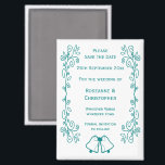 Teal Bells Scrollwork Design Wedding Save The Date Magnet<br><div class="desc">Wedding save the date magnet bells design. Customise this teal coloured wedding save the date magnet with your wedding details. Should you require any help with customising then contact us through the link on this page. Teal coloured bells design personalised wedding save the date magnet</div>
