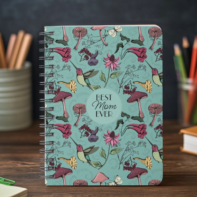Teal Best Mum Ever Floral Hummingbird Garden Notebook (Beautiful Colorful Hummingbird Garden Drawing with Tropical Exotic Flowers for Nature Lovers.)