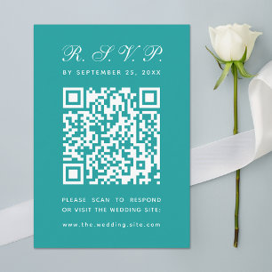 Teal Big QR Code Simple Script Calligraphy Wedding RSVP Card