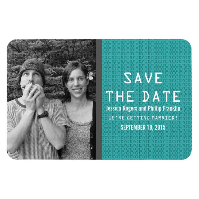 Teal Binary Code Photo Save the Date Magnet (Horizontal)
