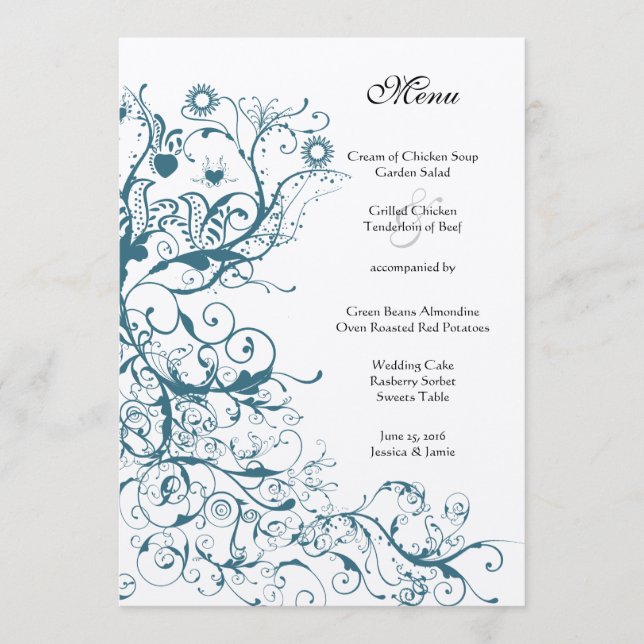Teal Birds and Swirls Wedding Menu (Front)