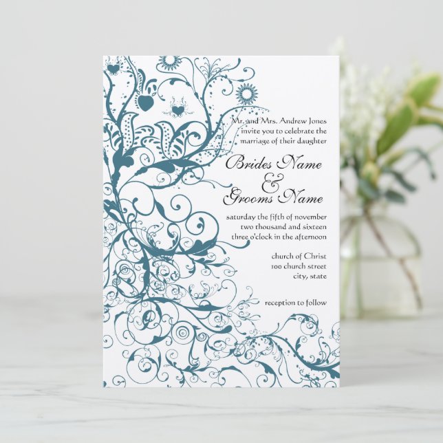 Teal Birds & Swirls Wedding Invitation (Standing Front)