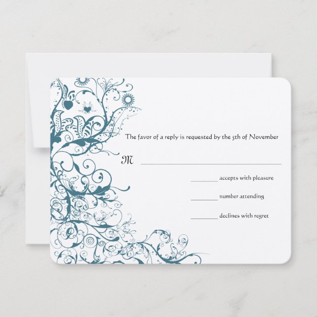 Teal Birds & Swirls Wedding RSVP Response Card (Front)