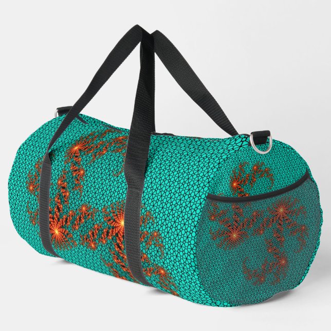 Teal Black Abstract Mandala Pattern Large Duffle Bag (Right Corner)