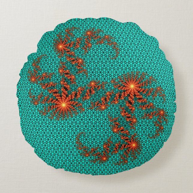 Teal Black Abstract Mandala Pattern Round Cushion (Front)