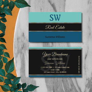 Teal Black and Blue Stripes Stylish with Monogram Business Card