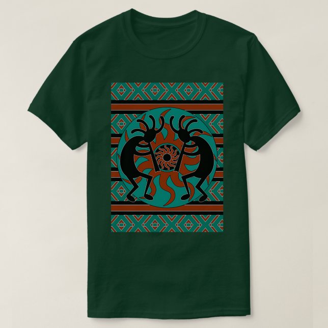 Teal Black And Brown Kokopelli Southwest Design  T-Shirt (Design Front)