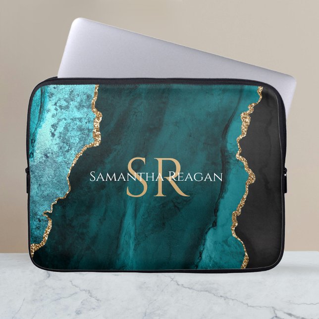 Teal, Black and Gold Agate, DIY Name & Monogram Laptop Sleeve (Creator Uploaded)