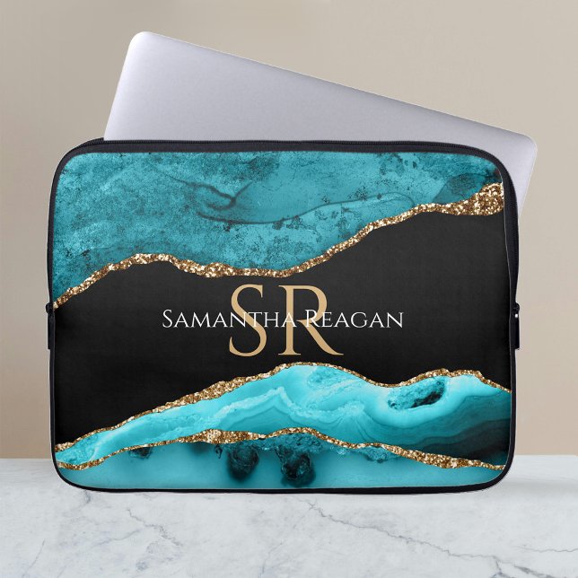 Teal Black and Gold Agate, DIY Name & Monogram Vs3 Laptop Sleeve (Creator Uploaded)