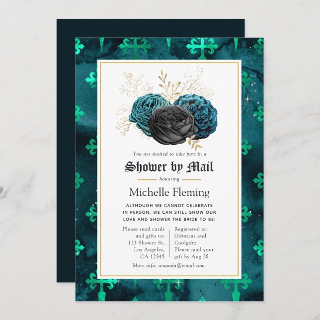Teal, Black and Gold Floral Bridal Shower by Mail Invitation (Front/Back)