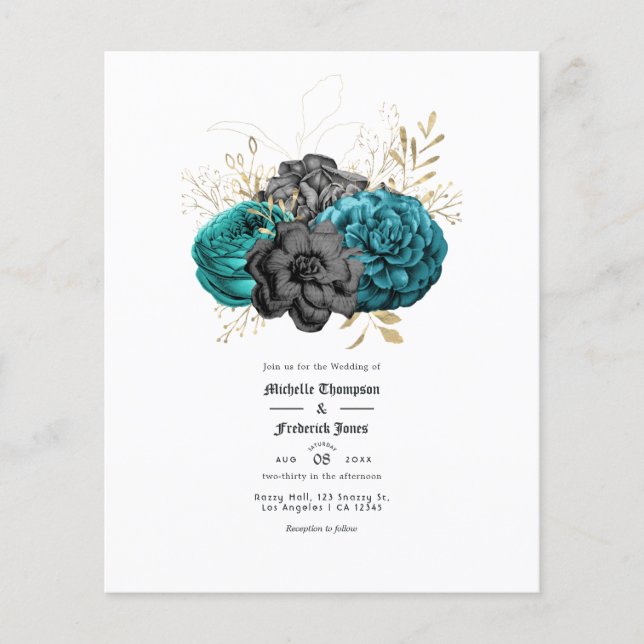 Teal, Black and Gold Floral Gothic Wedding Flyer (Front)
