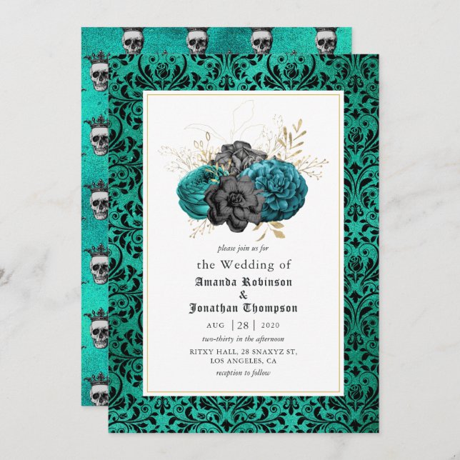 Teal, Black and Gold Floral Gothic Wedding Invitation (Front/Back)