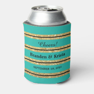 Teal Black and Gold Glitter Stripes Wedding Can Cooler