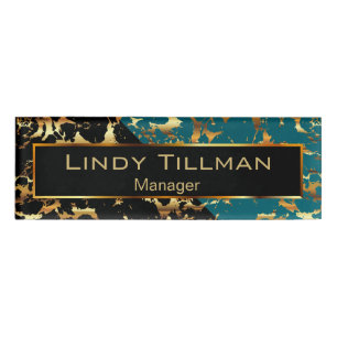 Teal, Black and Gold Marble Name Tag