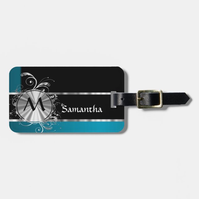 Teal black and silver monogram luggage tag (Front Horizontal)