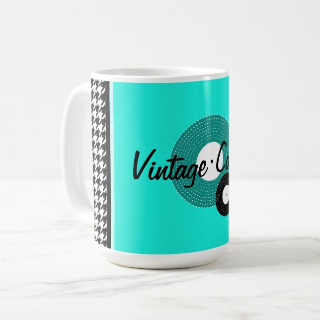 Teal, black and white 1950s theme coffee mug (Front Left)