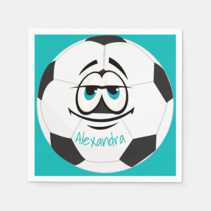 Teal Black and white soccer ball funny face Napkin