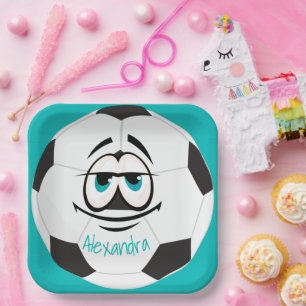 Teal Black and white soccer ball funny face Paper Plate