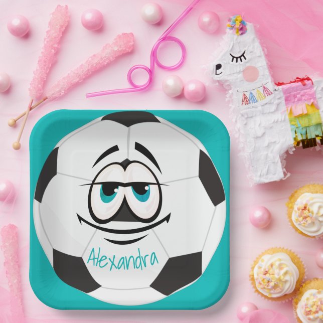 Teal Black and white soccer ball funny face Paper Plate (Party)