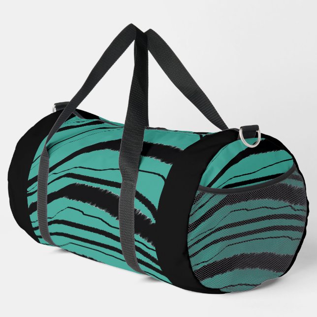 Teal + Black Animal Stripe Athletic Gym Travel  Duffle Bag (Right Corner)