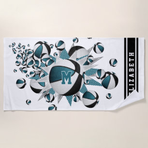 teal black basketballs stars girls monogrammed beach towel