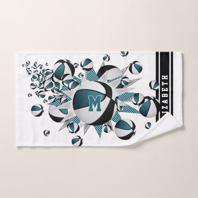 teal black basketballs stars girls monogrammed hand towel (Hand Towel)