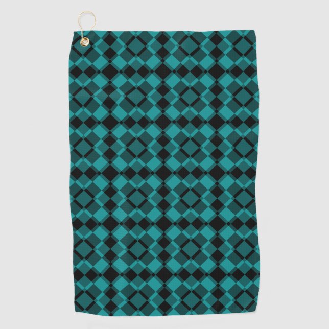 Teal Black Chequered Argyle Pattern Golf Towel (Front)