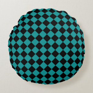 Teal Black Chequered Diamond Pattern Round Cushion